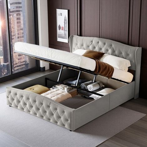 Cama lit 140x190 cm, Cama doble 140x190 cm con somier, Almacenamiento hidráulico, Estructura de cama, Tela de terciopelo, Estilo moderno, Gris (1/5)