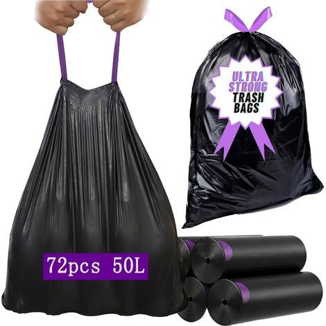 72 Sac Poubel,Sacs poubelle a Cordon Anti-Déchirure 70 60cm 50 L-Noir (1/5)