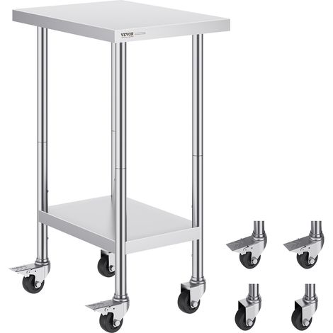 VEVOR Tavolo da Lavoro in Acciaio Inox 24 x 18 x 38 Pollici, con 4 Ruote, 3 Livelli di Altezza Regolabili, Tavolo da Lavoro per Preparazione Alimenti Pesante, per Cucina Commerciale, Ristorante
