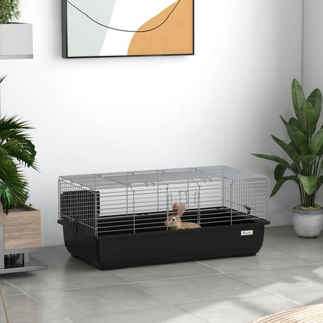 Gabbia per Conigli a 2 Porte con Vassoio Rimovibile, in Metallo e Plastica PP, 100x55x41 cm, Nero e Argento (1/5)