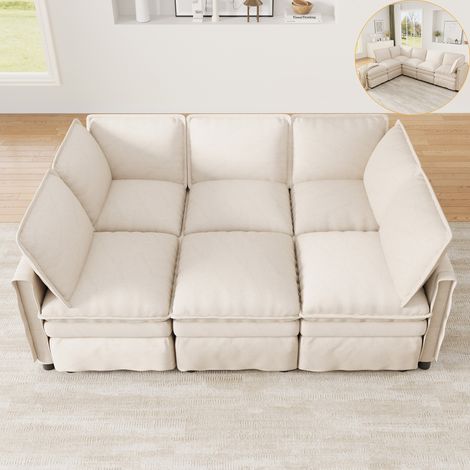 Canapé modulable xxl 6-7 places 344x127cm - fonction lit assise 67cm mousse ressorts - tissu chenille - beige (1/5)