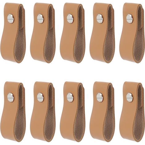 Lot de 10 boutons de commode en cuir synthétique avec vis, poignées de tiroir décoratives en cuir pour meubles d'armoire, marron, 15 cm (1/5)