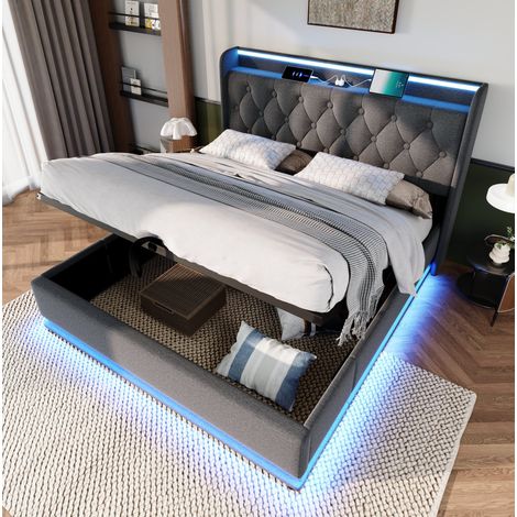 Letto a cassone 180x200 cm con testiera LED, porte USB/Type-C, base idraulica in lino, grigio, senza materasso (1/5)