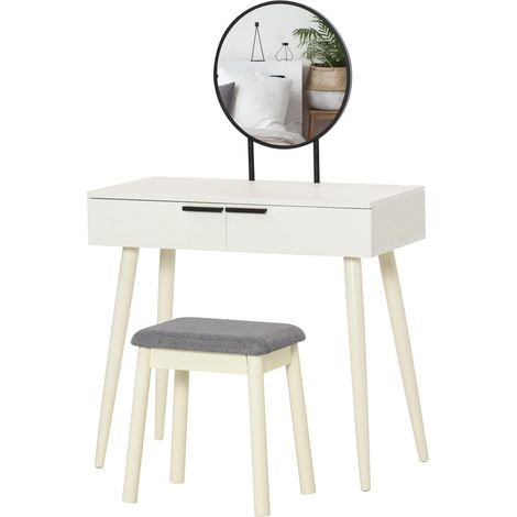 Modern Dressing Table with Round Mirror Stool, Makeup Vanity Table with 2 Drawers for Bedroom, Living Room, 80 x 40 x 123 cm, White (1/5)
