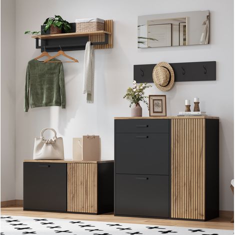Mobile ingresso 5 pezzi con 2 armadi, specchio, appendiabiti, panca scarpe, legno e nero (1/5)