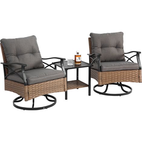 Ensemble de 3 meubles de jardin avec fonction pivotante et bascule à 360 °, fauteuils en rotin résistant aux intempéries, avec coussins, pour balcon, terrasse et jardin, cadre en acier robuste (1/5)