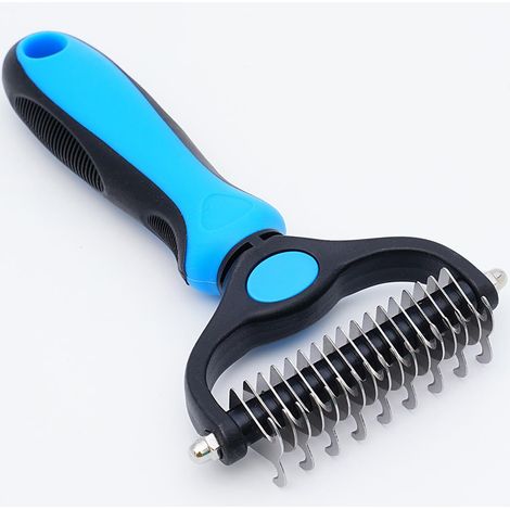 Râteau de toilettage pour chiens et chats – Outil double face pour démêler et toiletter, brosse indolore (Bleu) (1/5)