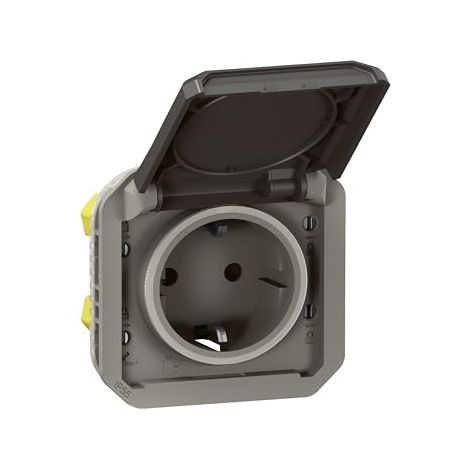 LEGRAND, PLEXO NEW 069571L PRISE POUR PIÈCES HUMIDES STANDARD SCHUKO AVEC COUVERCLE À CHARNIÈRE, PROTECTION TACTILE, BORNES ENFI