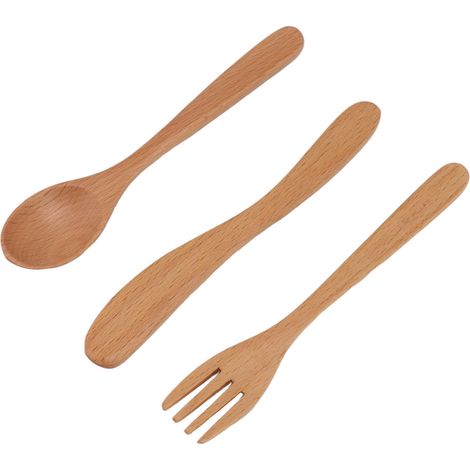 Ensemble de couverts en bois de style japonais, en hêtre épais et robuste, comprenant une cuillère, une fourchette et un couteau, idéal pour la cuisine à la maison. (1/5)