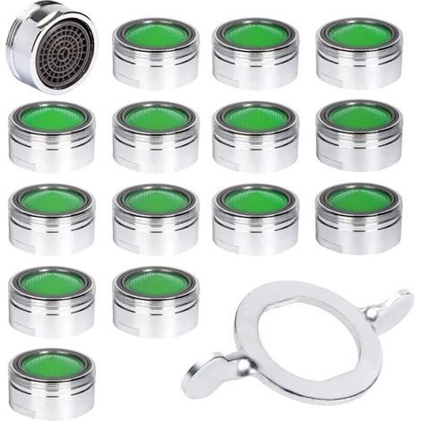 15 aeratori per rubinetto, aeratori per rubinetto M24 in acciaio inox con filtro ABS, ugello spray a risparmio idrico per rubinetti da cucina e bagno + 15 guarnizioni e 1 chiave, colore argento. (1/4)