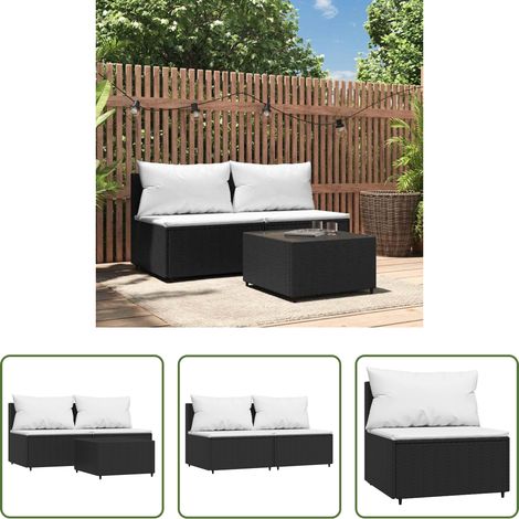Canapé de jardin - Salon de jardin 3 pcs avec coussins Noir Résine tressée (1/5)