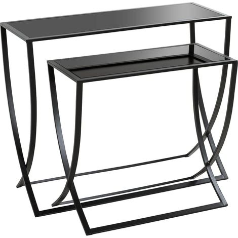 Lot de 2 Tables d'appoint en métal Noir, Table Basse avec Verre trempé de 5 mm - Dimensions : L 60/80 x H 55/65 x P 30/30 cm Style : Moderne (1/5)