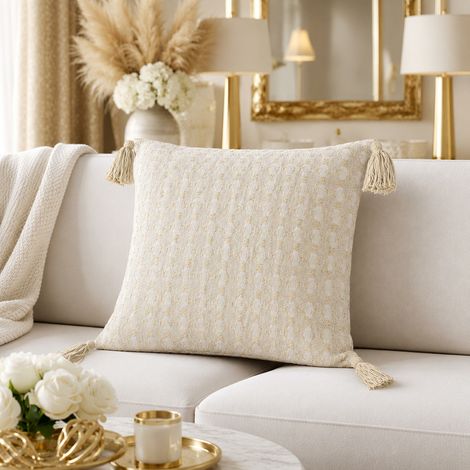 Coussin déhoussable à pompons 40 x 40 cm Jacquard fils métallisés PERLA (1/5)