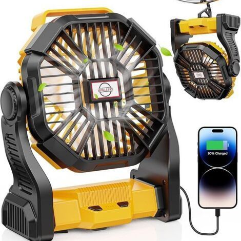 Ventilateur portable rechargeable, alimenté par batterie 10 400 mAh, avec lanterne LED, USB, idéal pour les voyages, la chambre, le camping, le bureau, la plage et la pêche (jaune) (1/5)