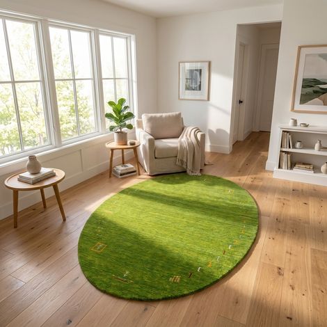 Tapis Gabbeh indien Tapis Fenth - Tapis en laine - 240x170cm, Oval - 100% Laine vierge - Tissé main - Vert (1/5)