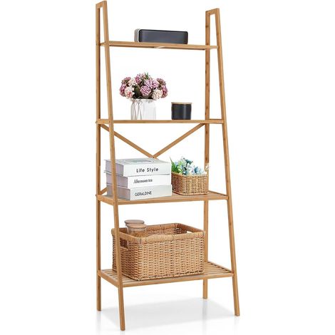 COSTWAY Scaffale a Scala in Bambù a 4 Piani, Supporto Multifunzionale per Piante con Dispositivo Anti-Ribaltamento, Ideale per Terrazza, Giardino, Balcone (1/5)