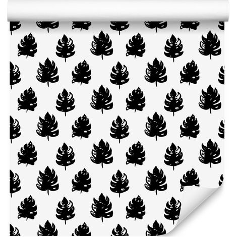 Papier peint Feuilles noires, blanc et graphite pour salon et chambre, 50 x 1000 cm (1/5)
