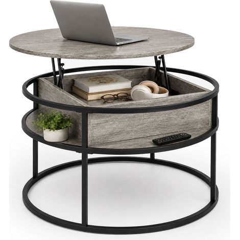Relaxdays Couchtisch mit Stauraum, HxD: 47x80 cm, Lift-Top, MDF, Metall, Sofatisch rund, Stubentisch, hellbraun/schwarz (1/5)