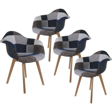 DAMAS - Lot de 4 Fauteuils Patchwork Bleu et Gris (1/5)