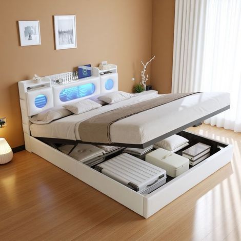 Bettkasten 140x200 cm - Weißes PU - LED Kopfteil - Integrierter Stauraum - USB und Typ C