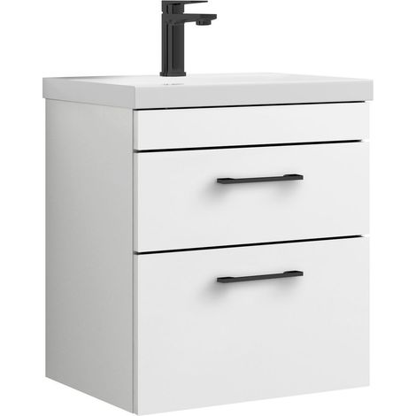 Millwich 2 Drawer Wall Hung Vanity Basin Unit - 500mm - Gloss White with Square Black D-shaped handles (Tap Not Included) - Balterley