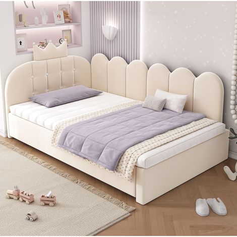Cama nido infantil con respaldo de terciopelo beige OKMYHOME (1/5)