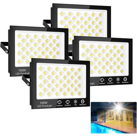 Lot de 4 projecteurs - 100 W - 156 LED - 10 000 lm - Blanc froid 6500 K - Étanche IP65 - Éclairage de sécurité extérieur pour jardin, garage, cour, allée, portes, couloir (1/5)