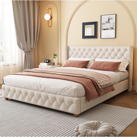 Base tapizada 140x190 cm de lino beige con cabecero capitoné, sin colchón, para dormitorio – MEUBLIV (1/5)