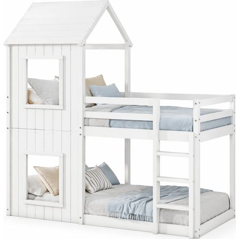 Lit superposé cabane 90x200 cm avec échelle, baldaquin et barrière de sécurité, bois blanc pour enfants - CHICFURN (1/5)