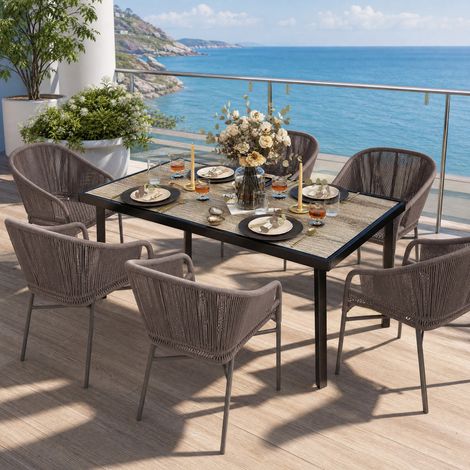 Mesa de jardín 145 x 85 x 72 cm de acero gris, tablero efecto madera, para 6 personas – MEUBLIV (1/5)