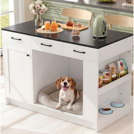Îlot de cuisine 120 x 60 x 90 cm avec 3 tiroirs et espace pour animal blanc HAVRYA (1/5)