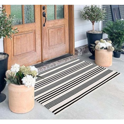 Paillasson noir et blanc à rayures, 69,8 x 110 cm, tapis d'extérieur en coton tissé à la main, tapis d'intérieur et d'extérieur pour porche (1/4)