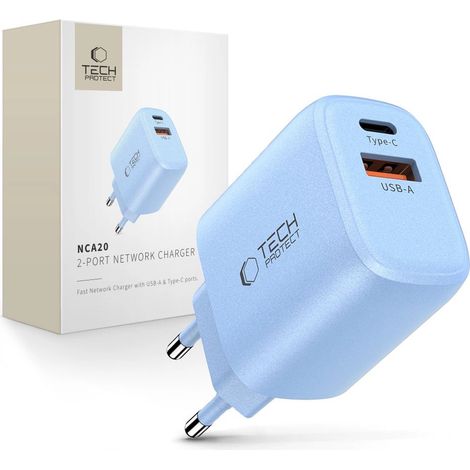 Tech-Protect NCA20 PD 20W QC3.0 USB-A / USB-C Wandladegerät – Blau (1/5)