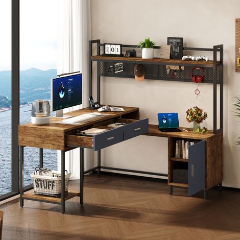 DESMIU Bureau d'angle en L avec 2 tiroirs, 1 porte et étagères ouvertes, style industriel, MDF et métal, noir et bois, 140 × 140 × 135 cm (1/5)