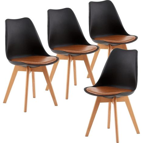 4er Set Esszimmerstühle mit Massivholzbeinen, Skandinavisches Design, PU-Leder, Schwarz & Braun (1/5)