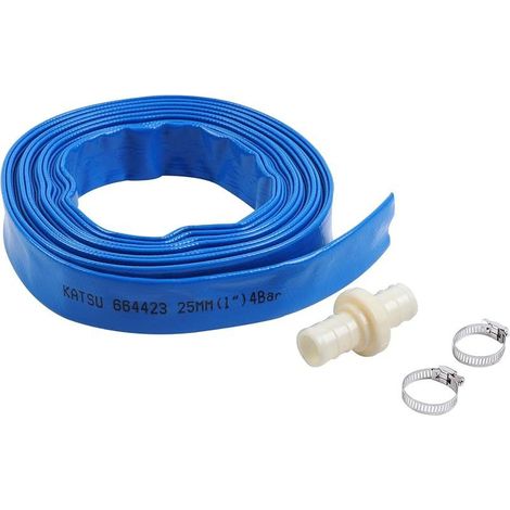 KATSU Layflat Tuyau de Refoulement 10 m x 25 mm, avec 2 Clips et Connecteur, Convient aux Pompes Submersibles et Pompes à eau pour étang de Drainage, Irrigation de Jardin, Piscine, Bleu 664423 (1/5)