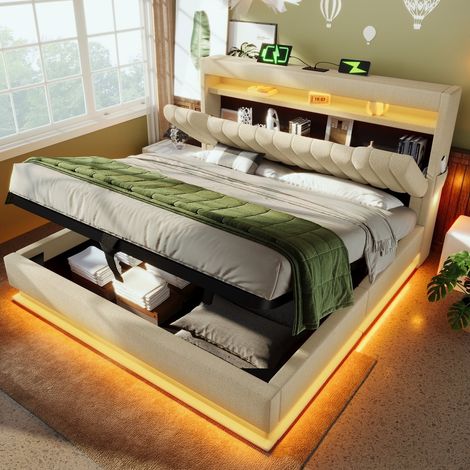 Letto imbottito 180x200 cm con testiera multifunzione LED USB C e ampio contenitore idraulico struttura in lino beige senza mat (1/5)