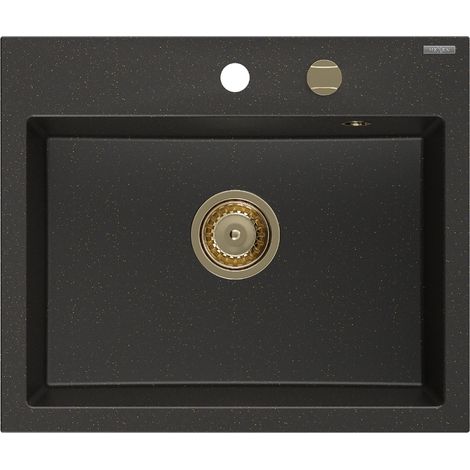 Mexen Oscar évier en granit 1 bac 580 x 490 mm, noir/doré métallisé, siphon doré - 6519581000-75-G (1/5)