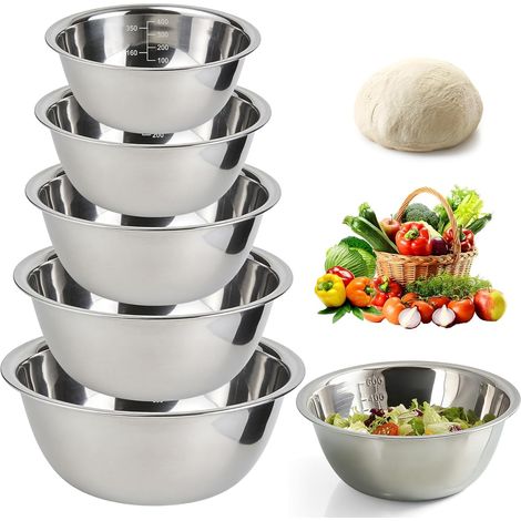 Lot de 5 saladiers empilables en acier inoxydable avec graduation et fond plat, bol mélangeur en acier inoxydable poli miroir pour cuisine, pâtisserie, service, 14/16/20/22/24 cm (argenté) (1/5)