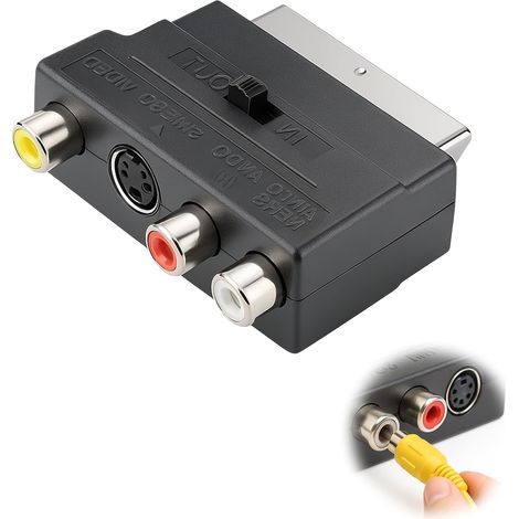 Adaptateur Péritel vers 3X RCA in Out + S-Video S-VHS, Compatible avec TV, DVD, VHS, Adaptateur SCART/S-VHS/AV, Consoles et Plus D'appareils (1/5)