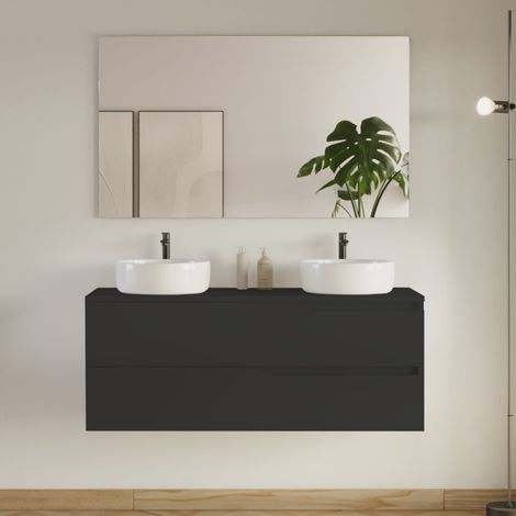 Meuble de salle de bain 120cm avec plateau et 2 vasques à poser Ares - 2 tiroirs - noir - LUNA (1/5)