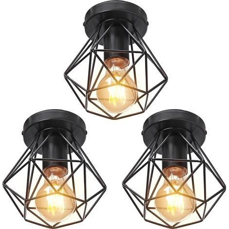 (3X) Plafonnier Rétro Lampe De Plafond D'Intérieur Vintage Noire Luminaire Plafonnier Cage En Fer Métallique, Pour Cuisine, Bureau
