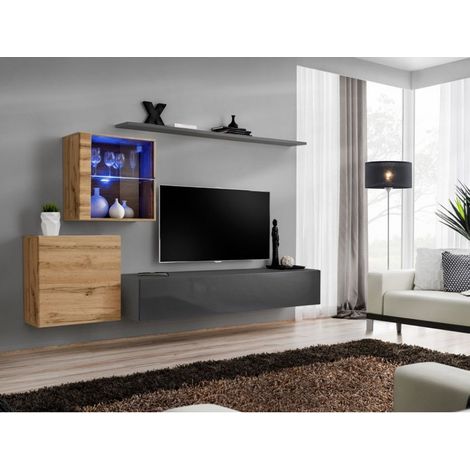 Ensemble mural - Switch XV - 2 vitrines - 1 banc TV - 2 étagères - Bois et graphite - Modèle 1 - Livraison gratuite