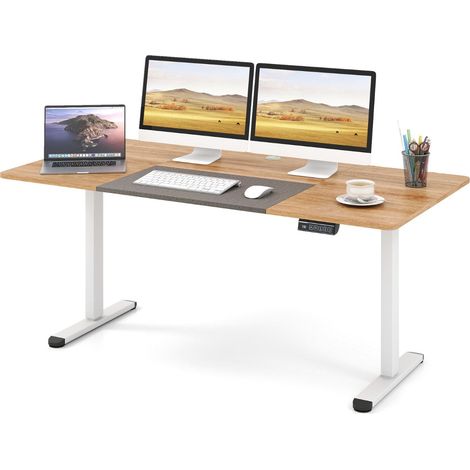 Bureau debout électrique 140 x 70 x 72-116 cm réglable en hauteur ergonomique avec mémoire et design moderne en bois naturel