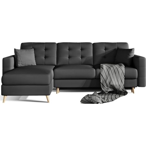 Ecksofa mit Schlaffunktion HASGARD, 3-Sitzer, schwarz, 248x162 cm – mit Stauraum und Holzbeinen