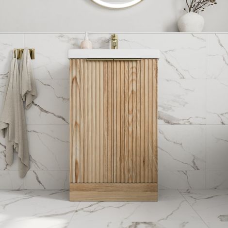 Fluted 500mm Bathroom Vanity Unit Basin Floorstanding Cupboard Soft Close Oak (1/5)