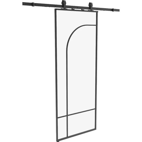 Vente-Unique – Porte coulissante style verrière – aluminium noir et verre trempé – H204 x L83 cm – Système en applique pour espaces réduits (1/5)