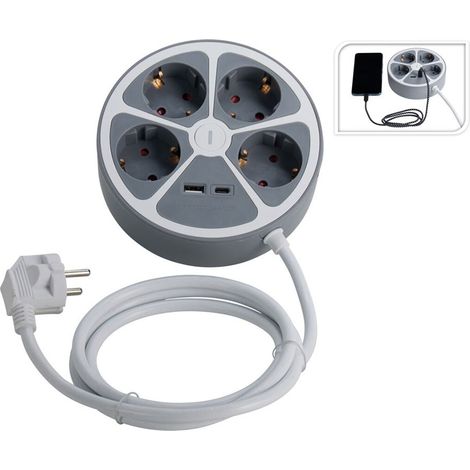 Base de enchufe múltiple 4 tomas redonda + usb, 1,4m cable