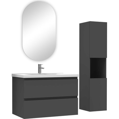 Ocean ensemble meubles simple vasque 80cm,colonne + miroir ovale Anthracite