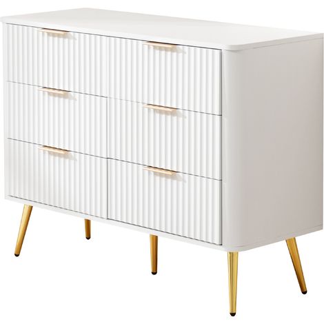 Commode 6 tiroirs en MDF blanc avec poignées métal et glissières à fermeture douce, pieds surélevés 20 cm pour robot aspirateur (1/5)